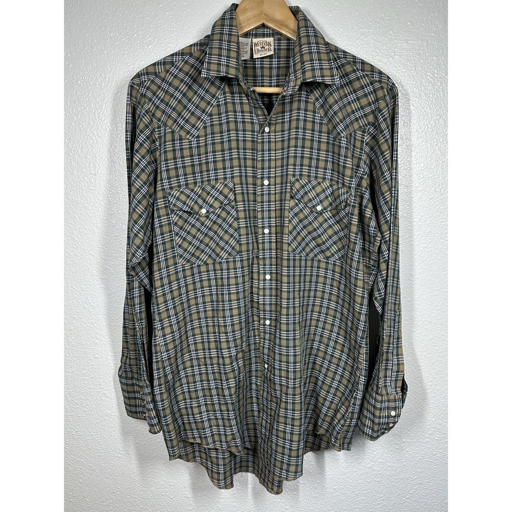 Western Frontier Shirt Mens Medium Green Beige Plaid‎ Pearl Snap Western USA